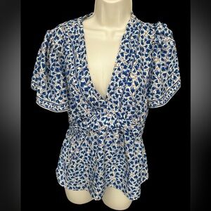 Floral V-Neck Blue and White Women's Top